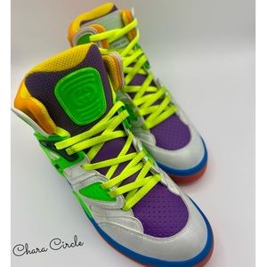 New Gucci Womens High Top Demetra Neon Green Purple Sneakers Size 8 38